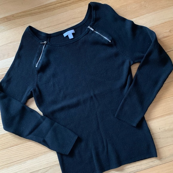 NY & Company Black Ribbed Zipper Accent Top- Lg - Picture 1 of 8
